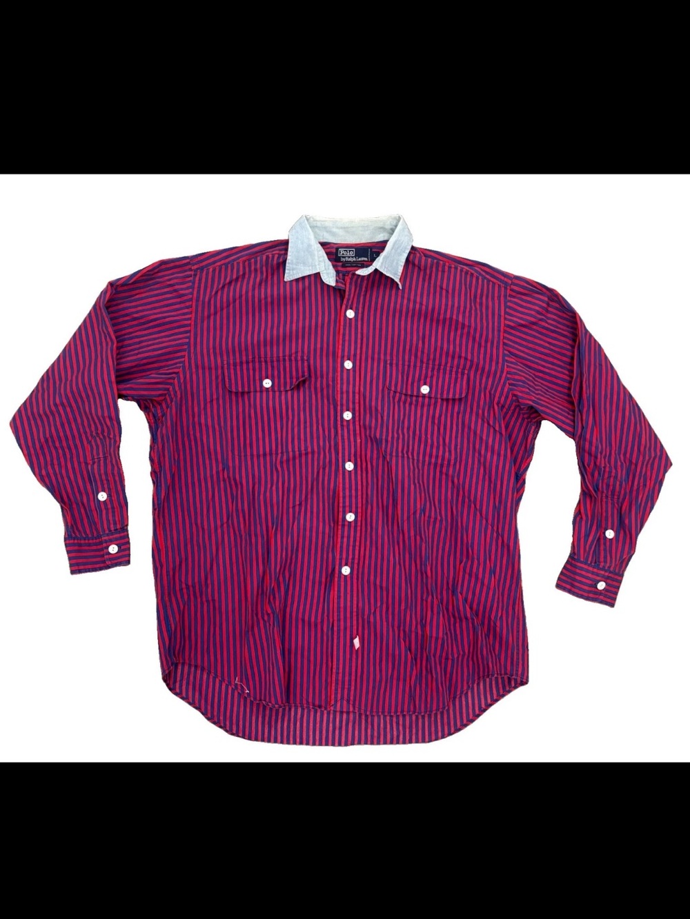 Polo Ralph Lauren VTG 80’s Denim Collar Button Up Shirt Stripped Red Blue SZ.L